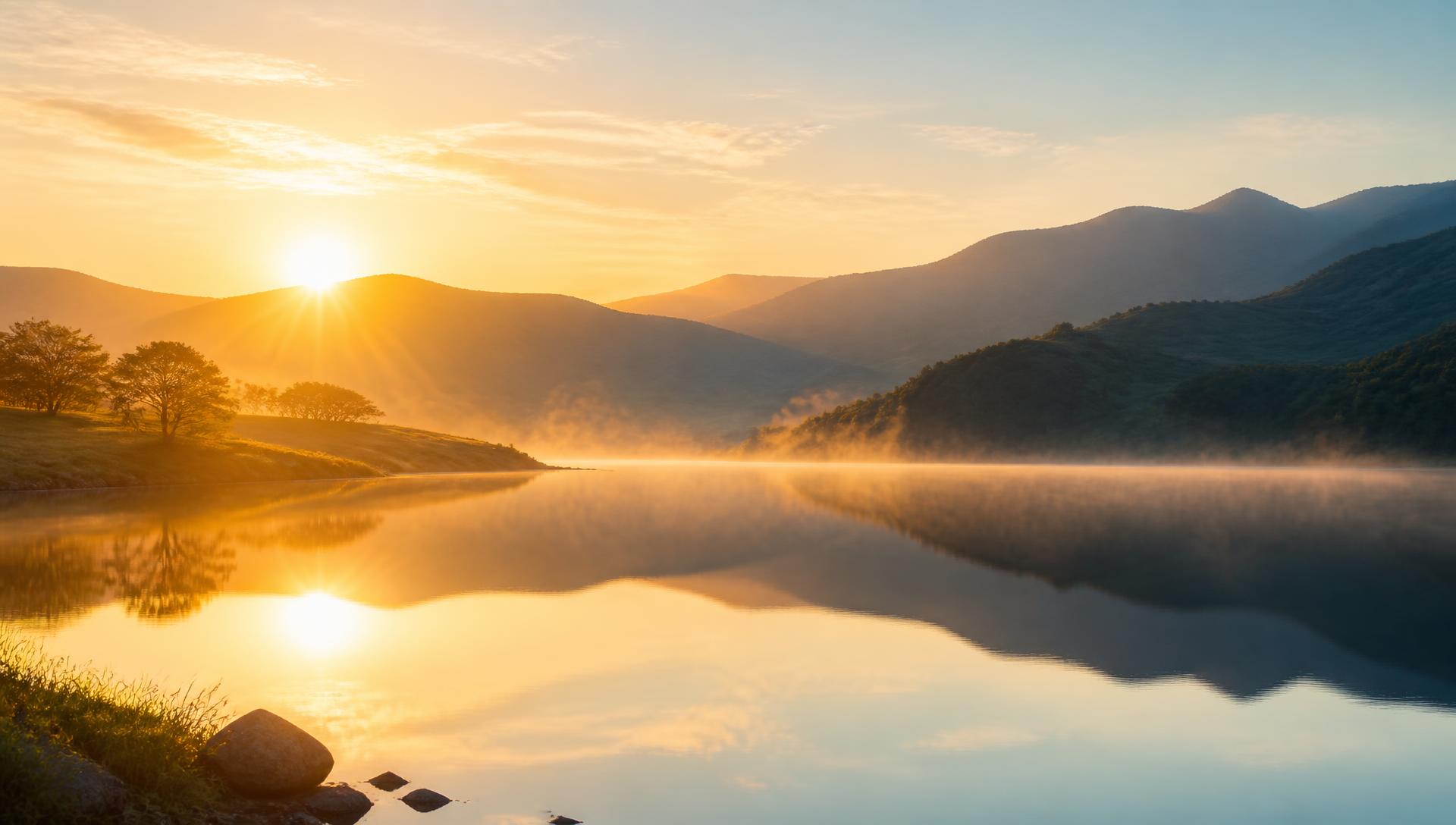 Sunrise breaking over quiet hills and a still lake